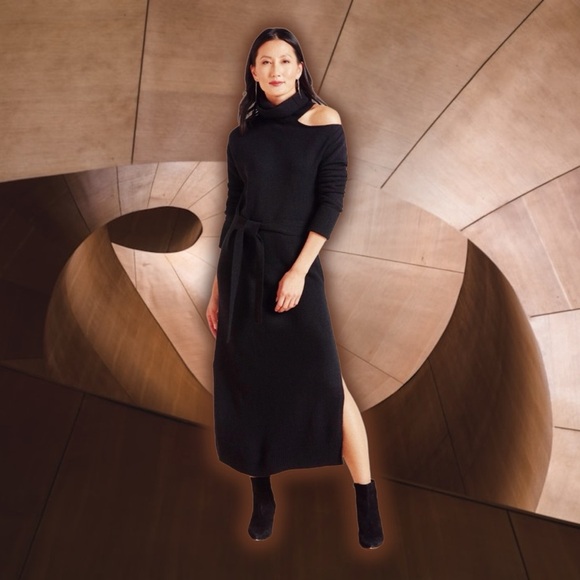 NWT PAIGE ‘Raundi’ Shoulder Cutout Long Sleeve Wool Blend Sweater Dress in Black - Picture 6 of 16
